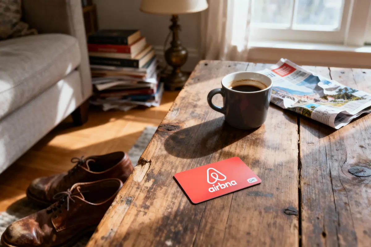 Tasse de café, carte cadeau Airbnb sur table, journal, chaussures en cuir, livres empilés, lampe, canapé beige.