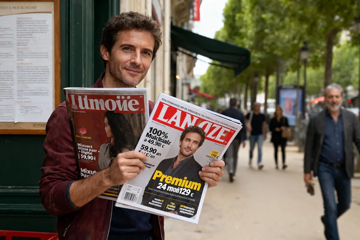 Homme souriant tenant deux magazines, debout devant une librairie, arrière-plan flou avec arbres et passants.
