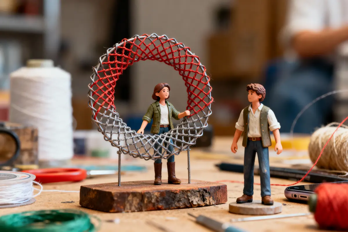 Deux figurines miniatures entourées d'un cercle en fil métallique, sur un plan de travail avec des fournitures.