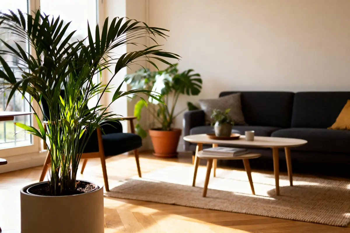 Salon moderne, lumineux, avec canapé gris, table basse, plantes vertes, fauteuils en bois, sol en parquet.