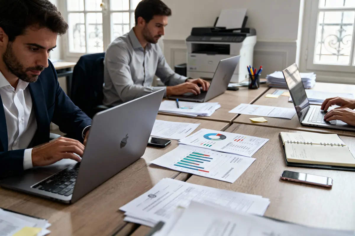 Trois personnes travaillent sur ordinateurs portables, entourées de documents, graphiques et imprimante, au bureau moderne éclairé.