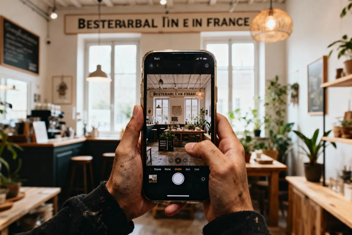 Personne photographiant un café chaleureux, intérieur boisé et plantes, utilisant un smartphone devant une grande fenêtre.