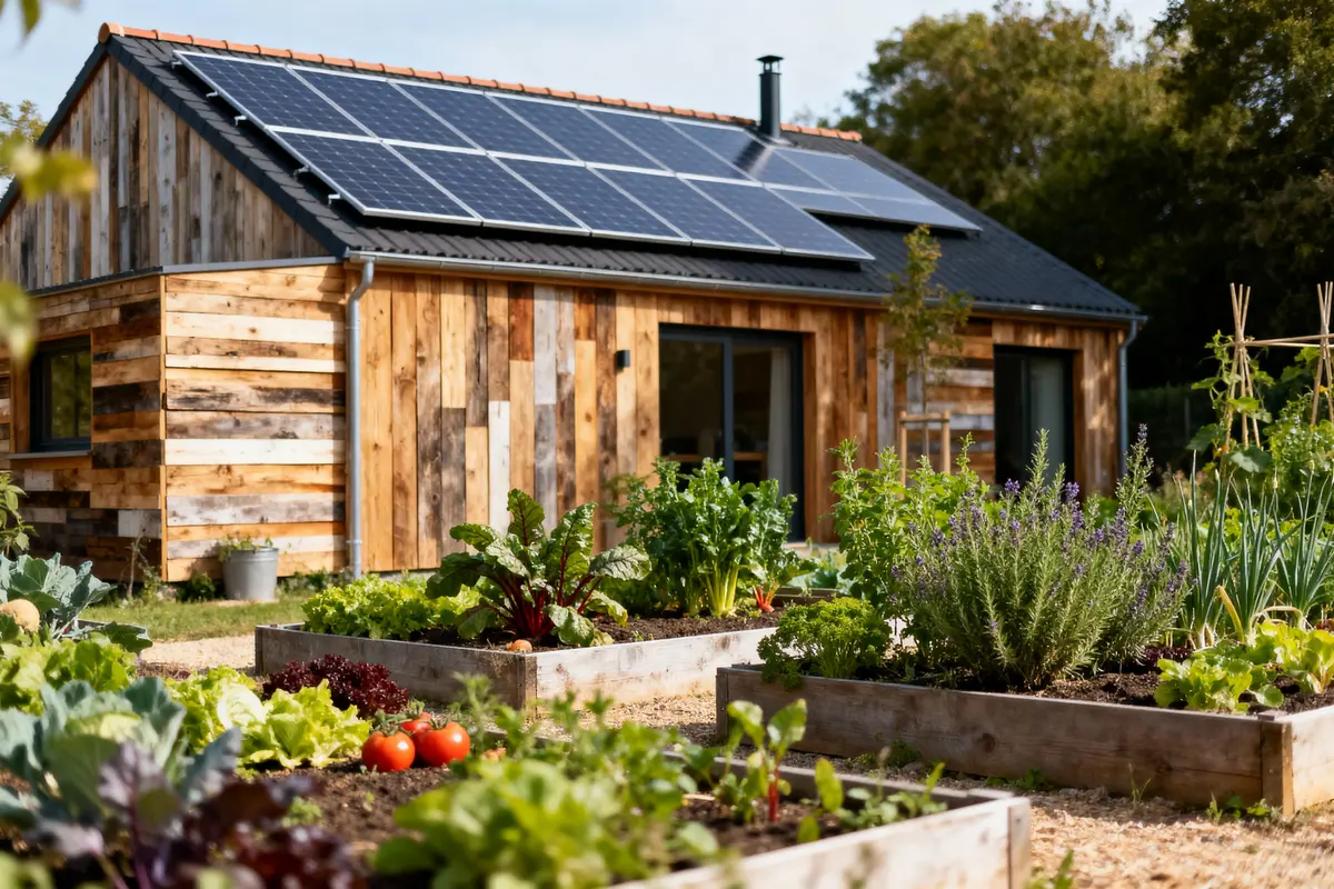 Maison en bois avec panneaux solaires, entourée de bacs potagers verdoyants et plants de tomates, par une journée ensoleillée.