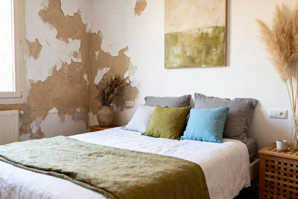 Chambre avec mur détérioré, lit à coussins colorés, tableau abstrait et décoration naturelle, ambiance rustique.