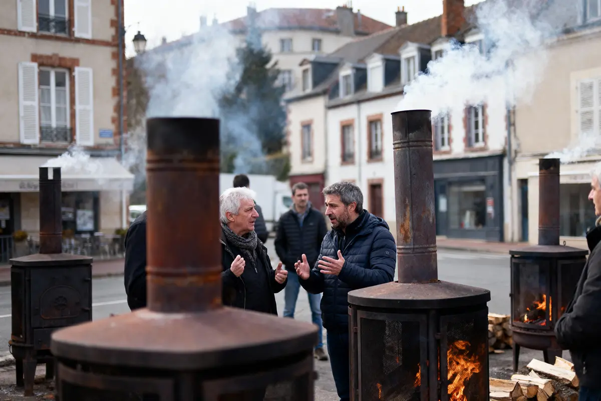 Personnes discutant autour de poêles à bois fumants en extérieur, bâtiments résidentiels en arrière-plan.