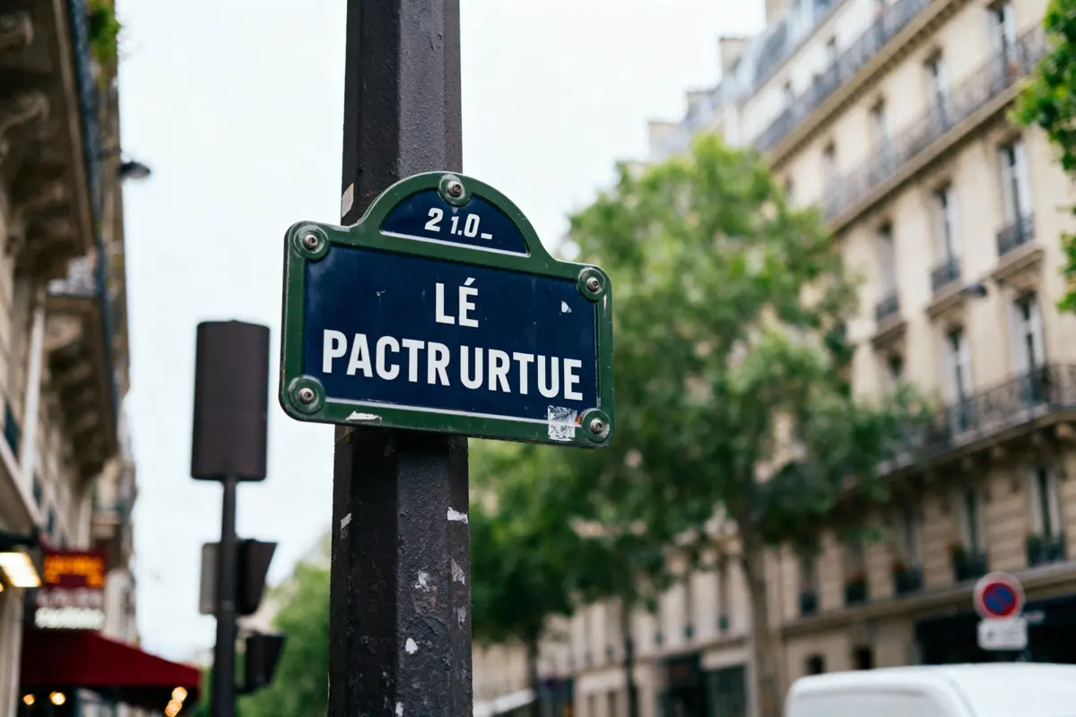 Plaque de rue déformée sur un poteau à Paris, immeubles haussmanniens et arbres en arrière-plan.