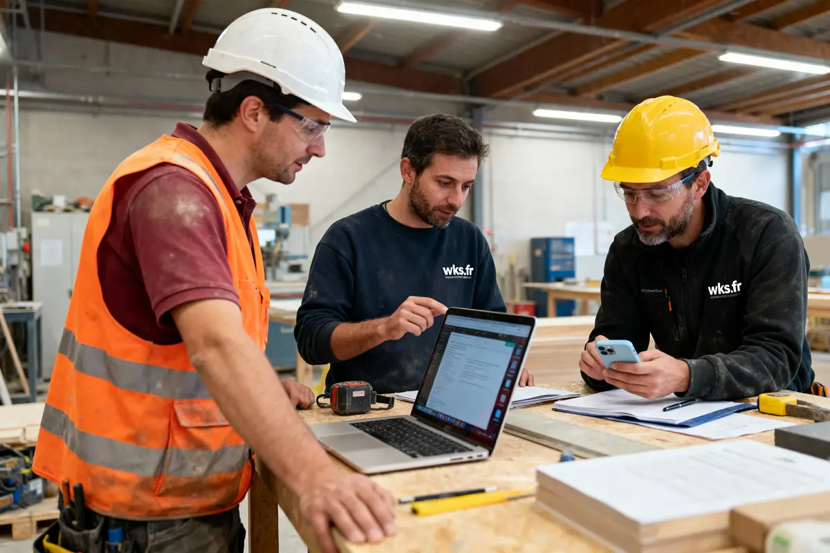 Trois hommes dans un atelier, discutant autour d’un ordinateur portable et d’un smartphone, portant des casques de sécurité.