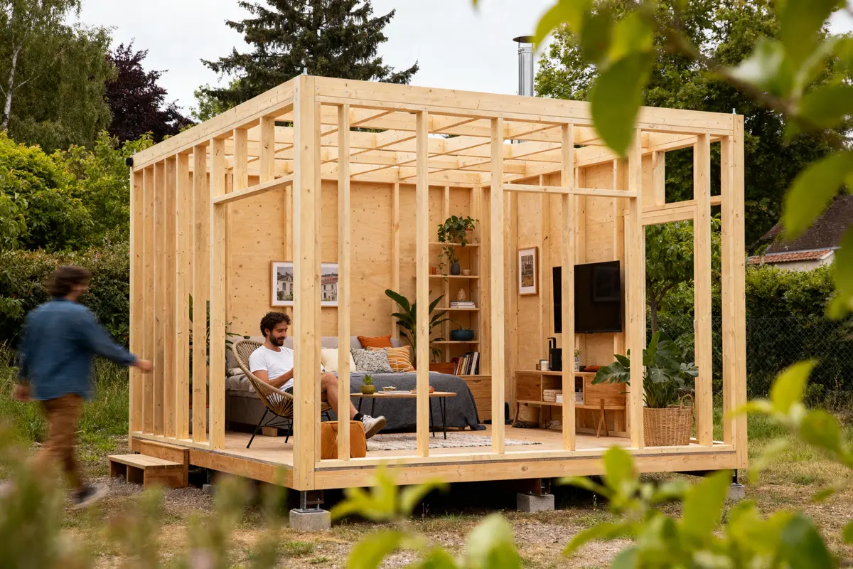 Petite maison en bois ouverte, homme assis à l'intérieur, une autre personne passe devant, nature environnante verdoyante.