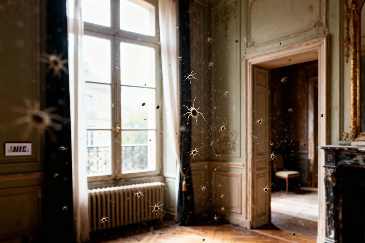 Vieille salle avec impacts de balles sur vitre, parquet en bois, large fenêtre, chaise visible dans l'ouverture.