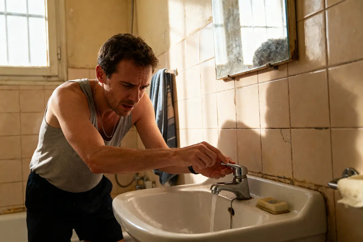 Homme stressé ajustant le robinet dans une salle de bain modeste, avec un miroir et du savon.