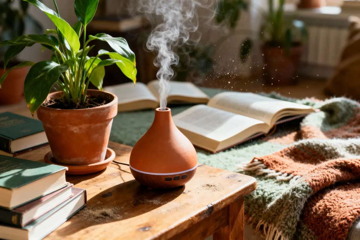 Diffuseur de vapeur, plante en pot, livres ouverts, et couverture sur table en bois. Atmosphère cosy.