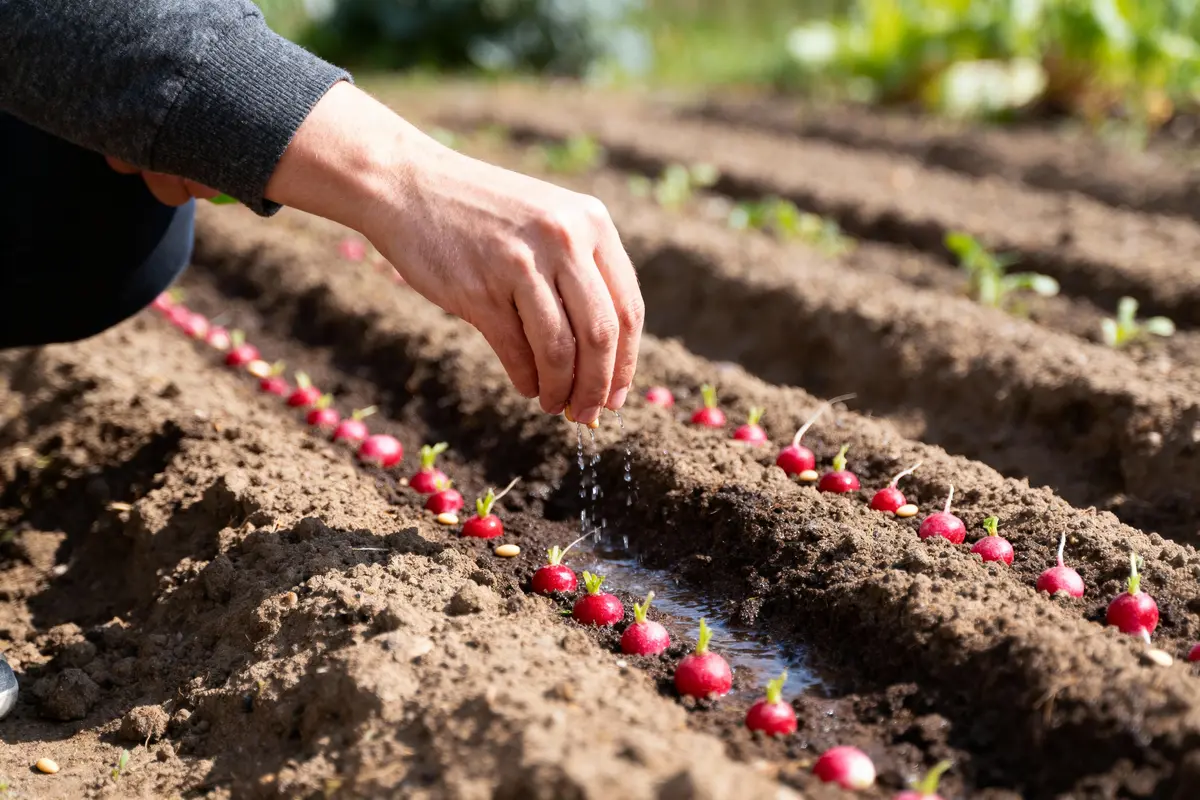 Main arrosant de jeunes radis plantés en rangées dans un jardin potager.