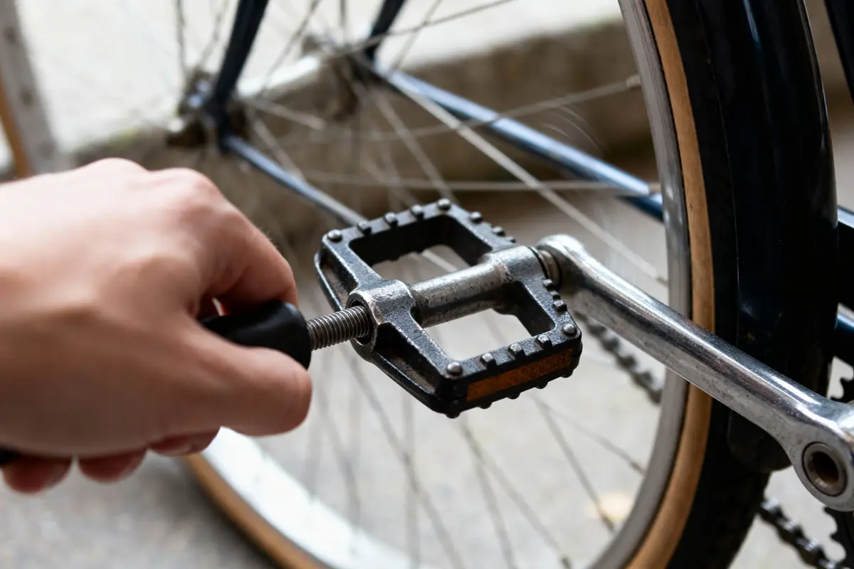 Main ajustant une pédale de vélo en métal avec une clé devant la roue arrière.