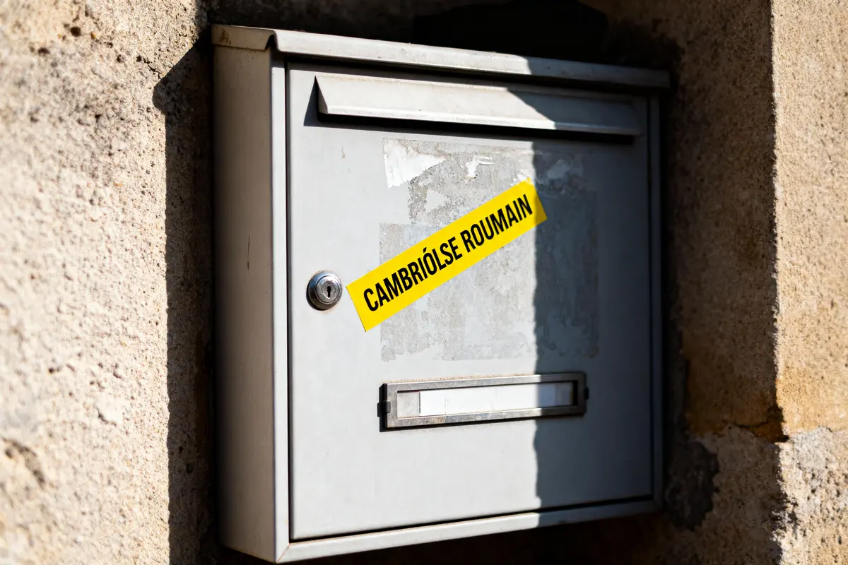 Boîte aux lettres grise avec étiquette jaune portant l'inscription "CAMBRIOLSE ROUMAIN", fixée sur un mur.