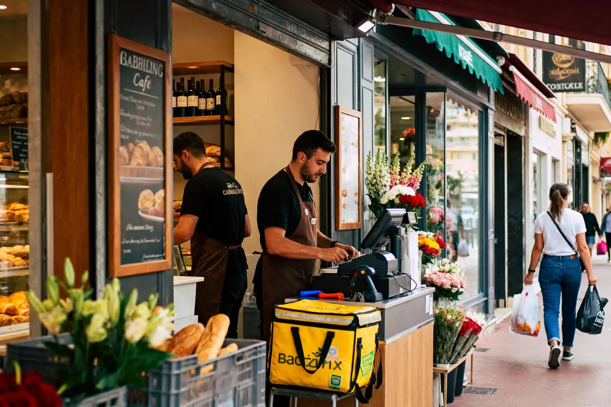 Deux vendeurs dans une boulangerie, fleurs et sac de livraison Badaroux visibles, clients passant devant.