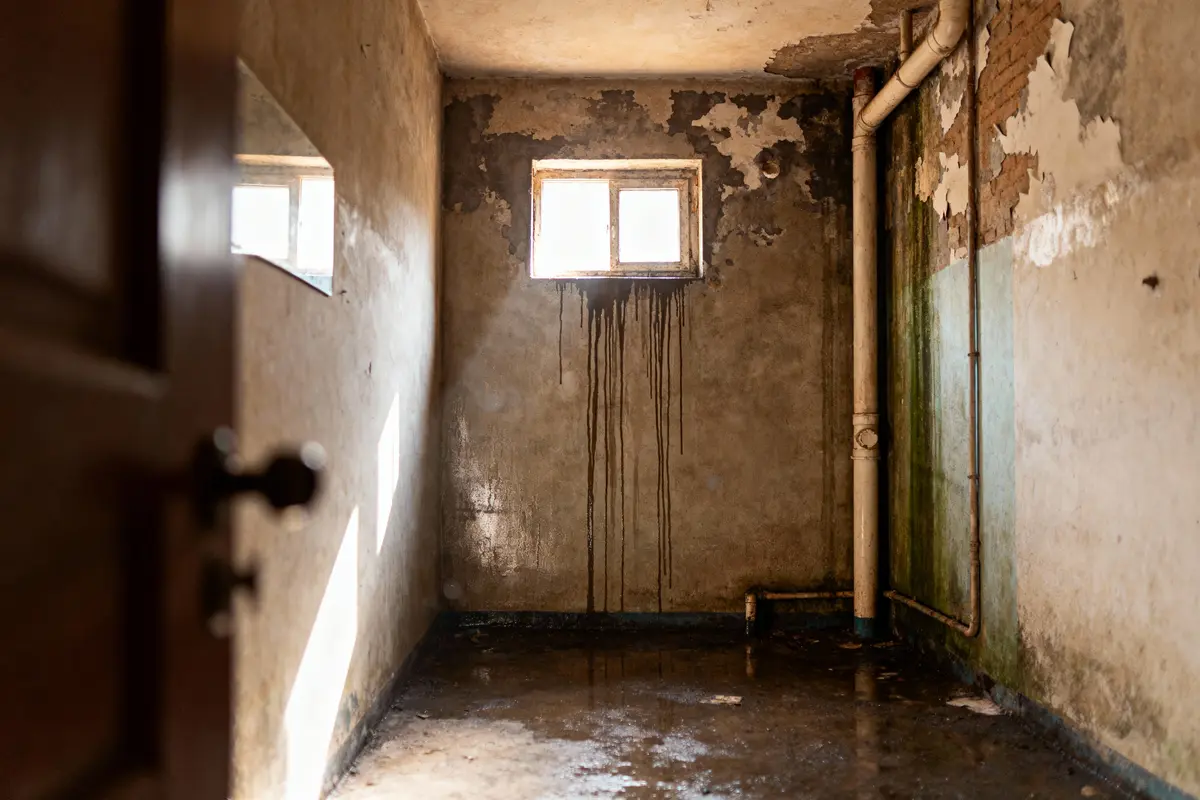 Salle humide et délabrée avec fenêtre, murs dégradés, tuyaux apparents et sol mouillé. Lumière entrant par la fenêtre.