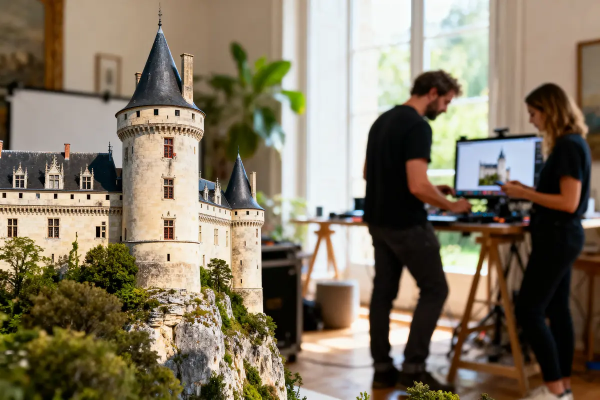 Maquette de château détaillée au premier plan, deux personnes travaillant sur un ordinateur en arrière-plan.