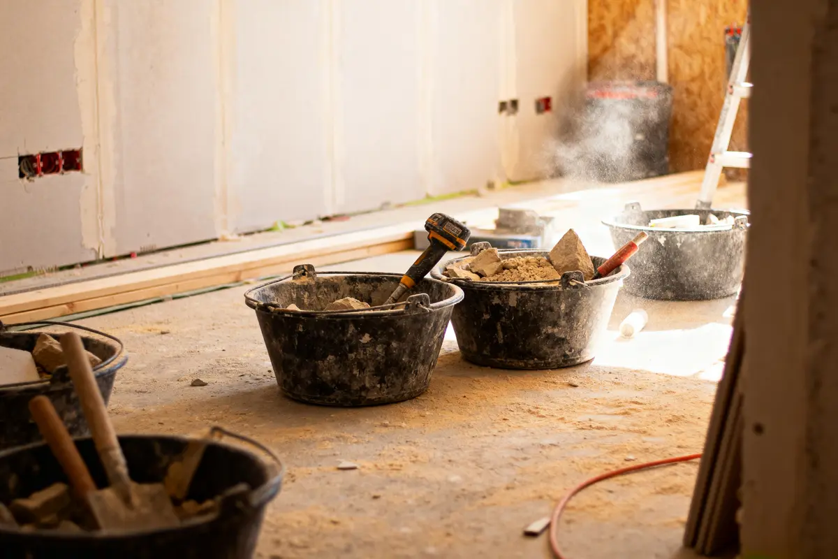 Seaux de chantier avec outils et matériaux, environnement lumineux, échelle et câbles visibles en arrière-plan.