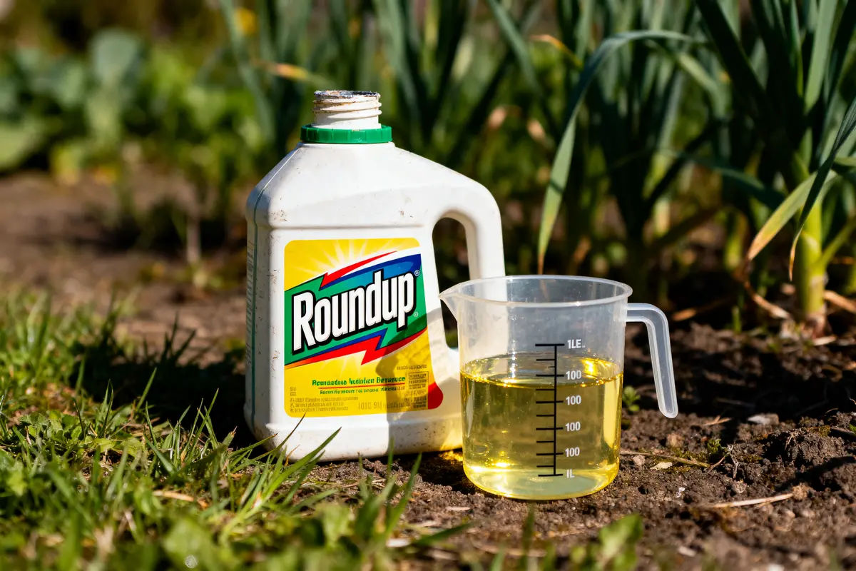 Bidon de Roundup et bécher gradué rempli de liquide jaune dans un jardin.