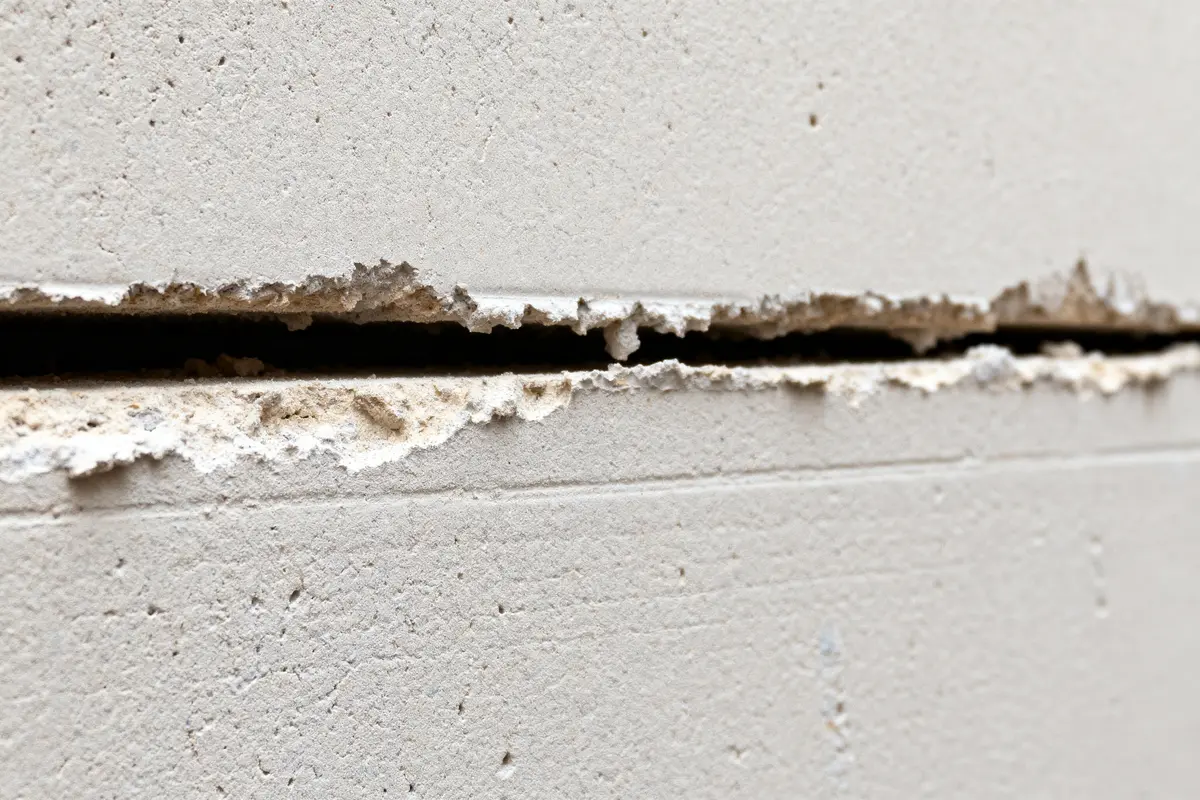 Surface de mur en plâtre montrant une fissure horizontale irrégulière et éclatée, texture rugueuse apparente.