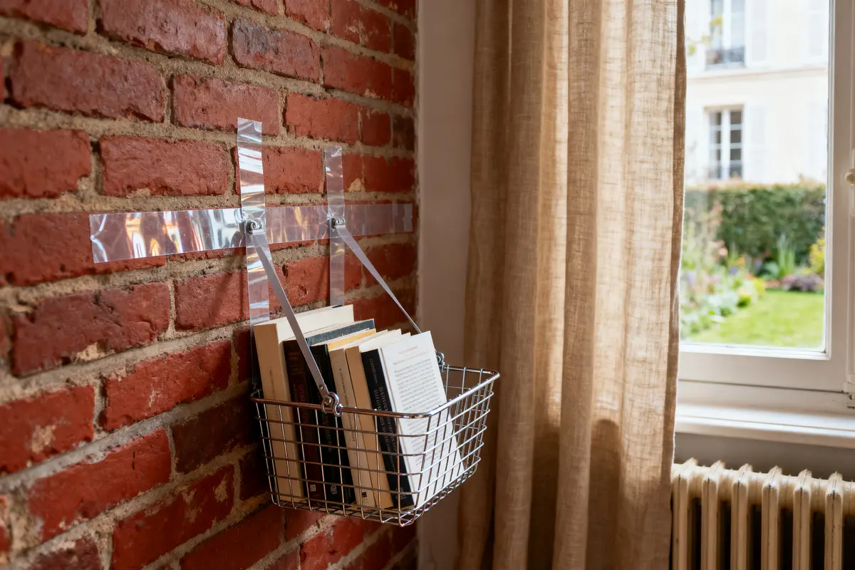 Panier métallique suspendu avec livres, fixé au mur de briques près d'une fenêtre et rideau beige.