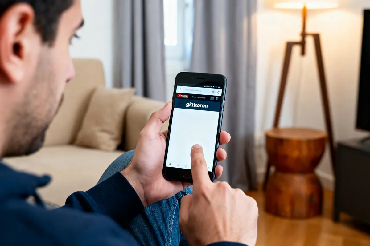 Homme utilisant un smartphone avec application ouverte, assis dans un salon moderne avec canapé et lampe.