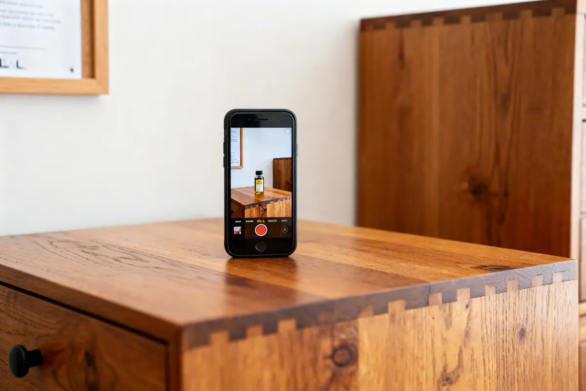 Téléphone filmant une bouteille sur une table en bois, près d'un meuble et cadre photo.