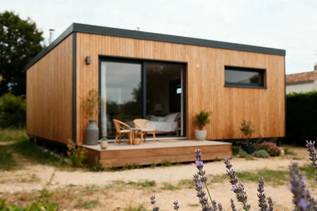 Petite maison en bois moderne avec terrasse, deux chaises, plantes en pot, lavandes au premier plan.