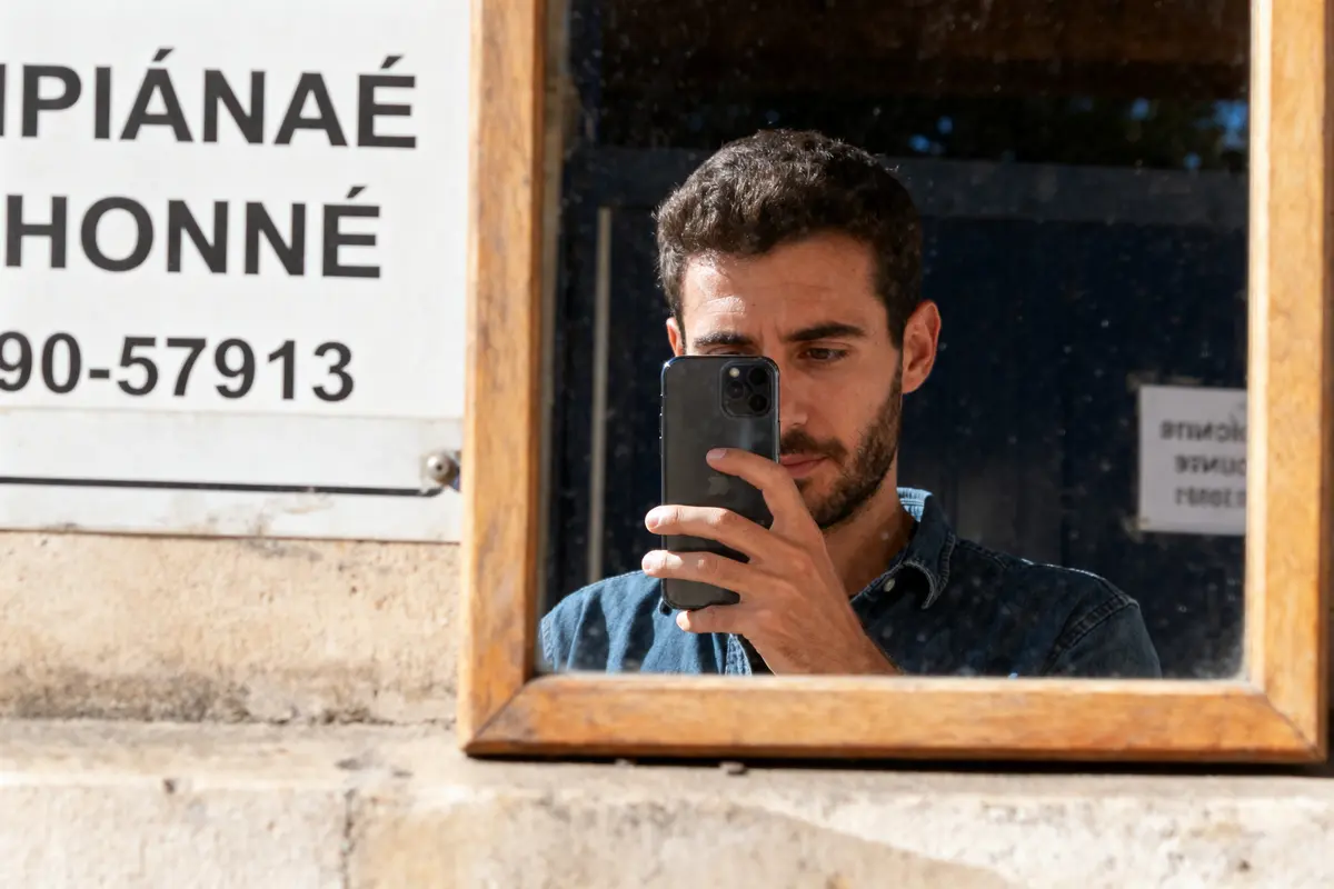 Homme prenant un selfie dans un miroir avec téléphone, à côté d'un panneau en arrière-plan.
