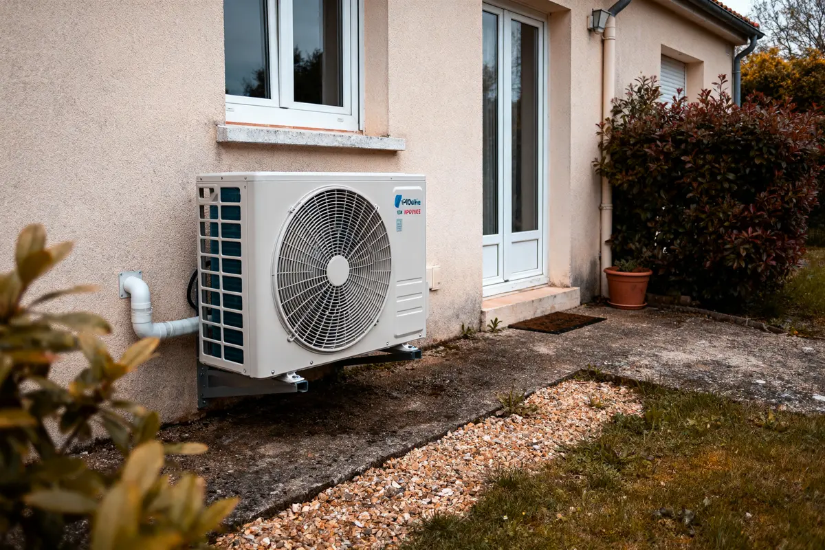 Unité extérieure de climatisation fixée sur un mur d'une maison, près d'une porte-fenêtre et buissons.