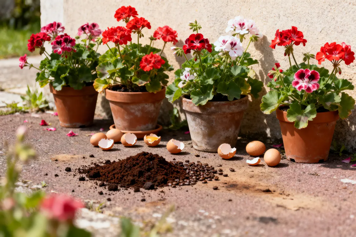 Quatre pots de géraniums colorés avec coquilles d'œufs et marc de café sur le sol.