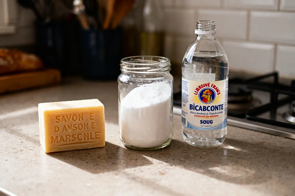 Savon, bocal de poudre et bouteille de liquide sur un plan de travail de cuisine lumineux.