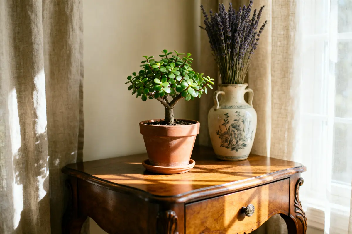 Bonsai et vase avec lavande sur une table en bois, lumière naturelle filtrée par un rideau beige.