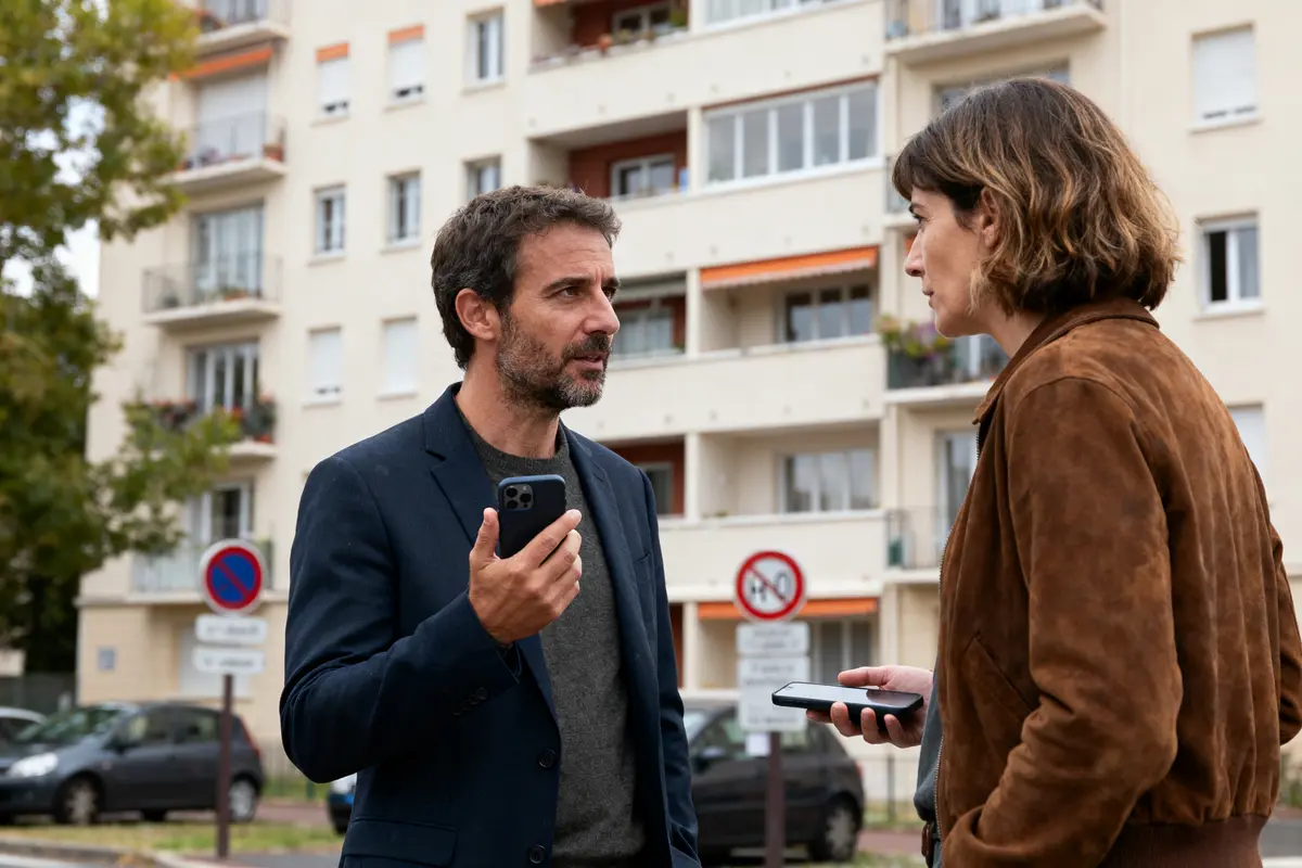 Deux personnes discutant dehors, tenant des téléphones, devant un immeuble résidentiel et panneaux de signalisation.