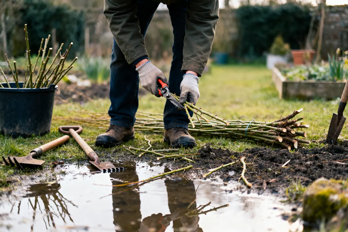Personne taillant des branches dans un jardin, avec outils, seau et flaque d'eau au sol.