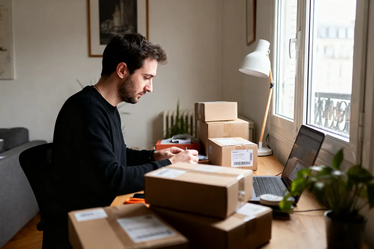 Homme travaillant à domicile, entouré de colis et utilisant un ordinateur portable près d'une fenêtre.