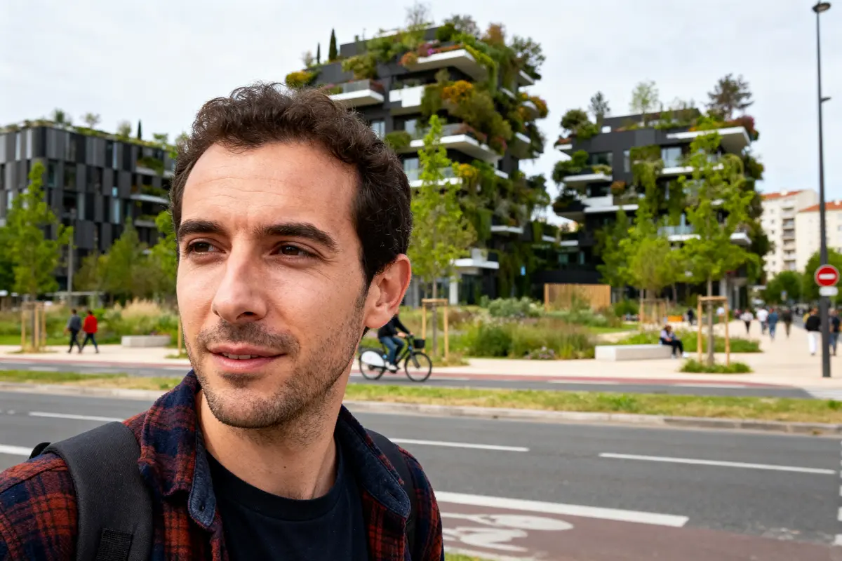 Homme brun souriant devant immeubles modernes avec végétation luxuriante, arbres et cycliste en arrière-plan.