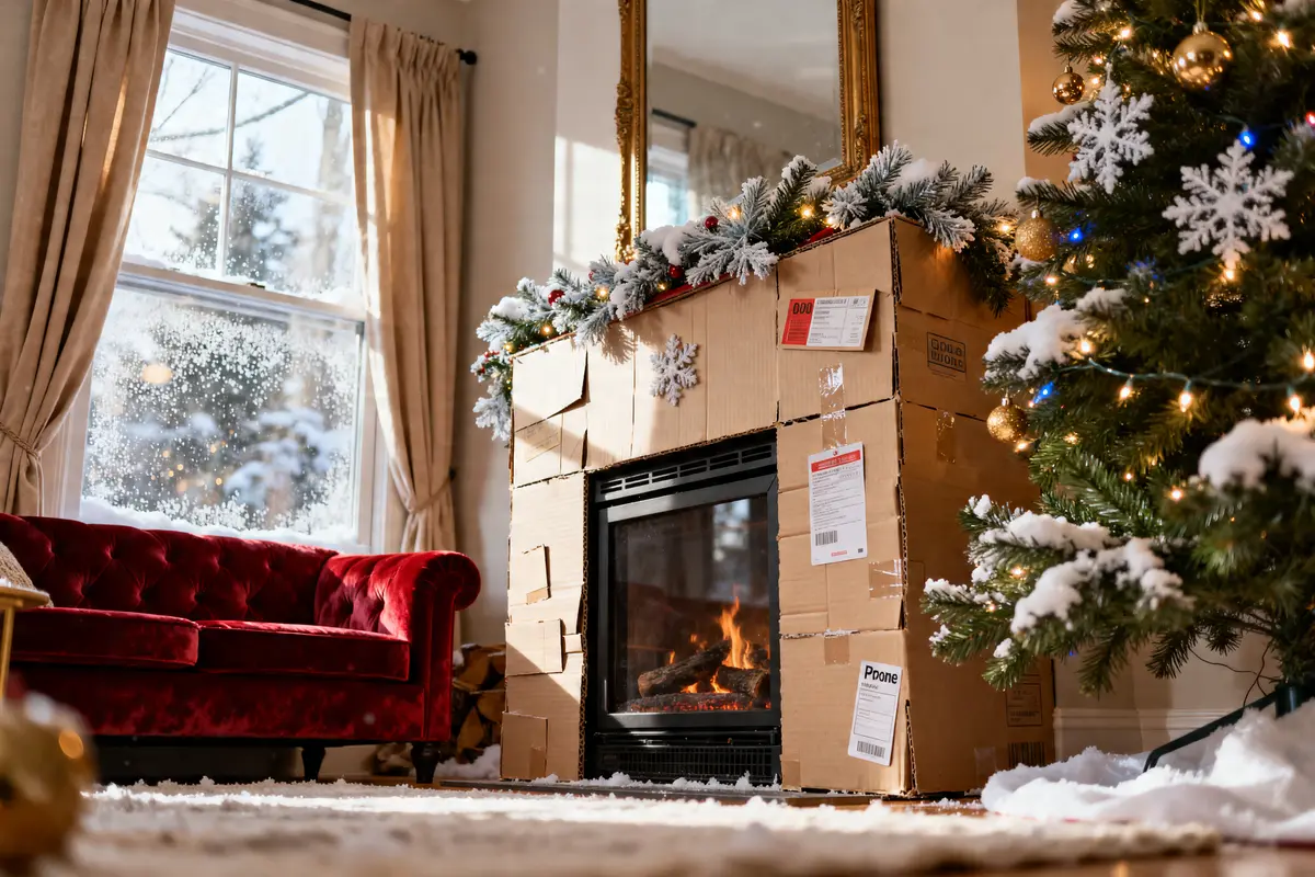 Salon chaleureux avec cheminée en carton près du sapin de Noël décoré