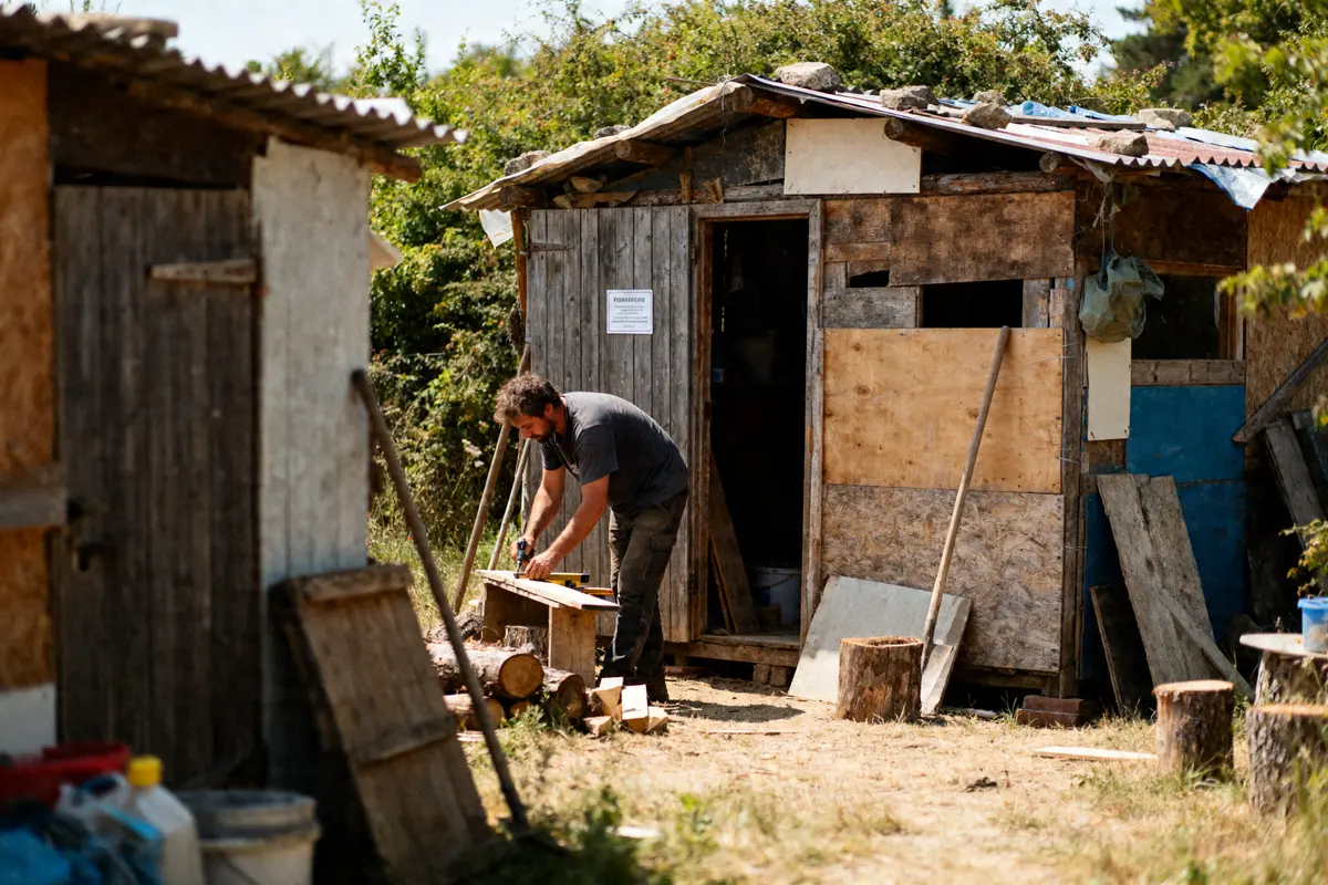 Homme construisant une cabane de manière sauvage qui paye les cabanes en nature