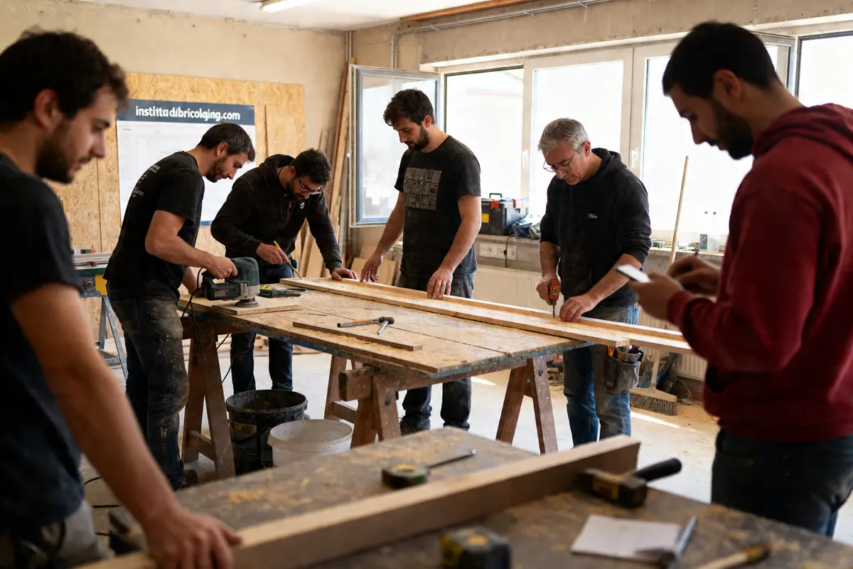 Participants en atelier de menuiserie lors d'un cours institutdubricolage.com encadrés par un instructeur