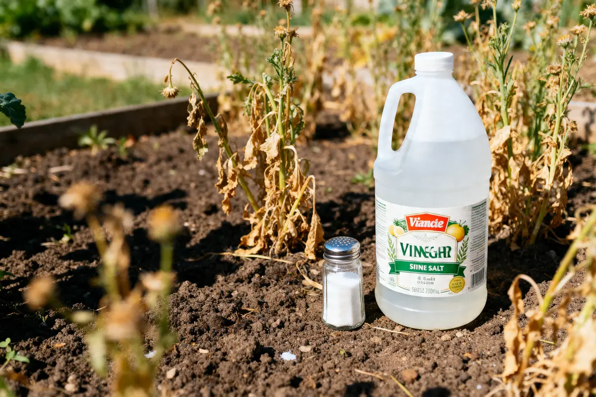 pexels-michal-pech-213601-757318 (1) Bouteille de vinaigre et salière dans un jardin, désherbant naturel vinaigre et sel efficace