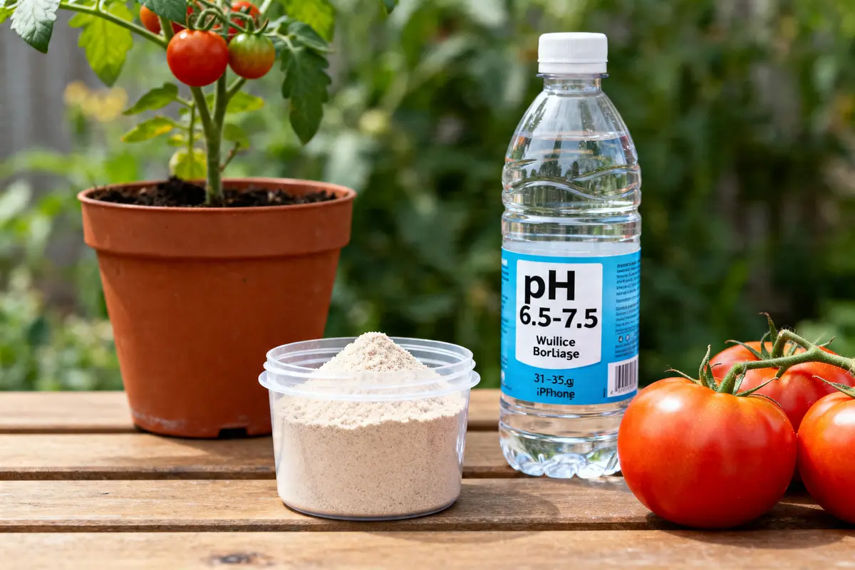 Plant de tomates, terreau et bouteille illustrant le dosage bouillie bordelaise pour 5 litres tomates