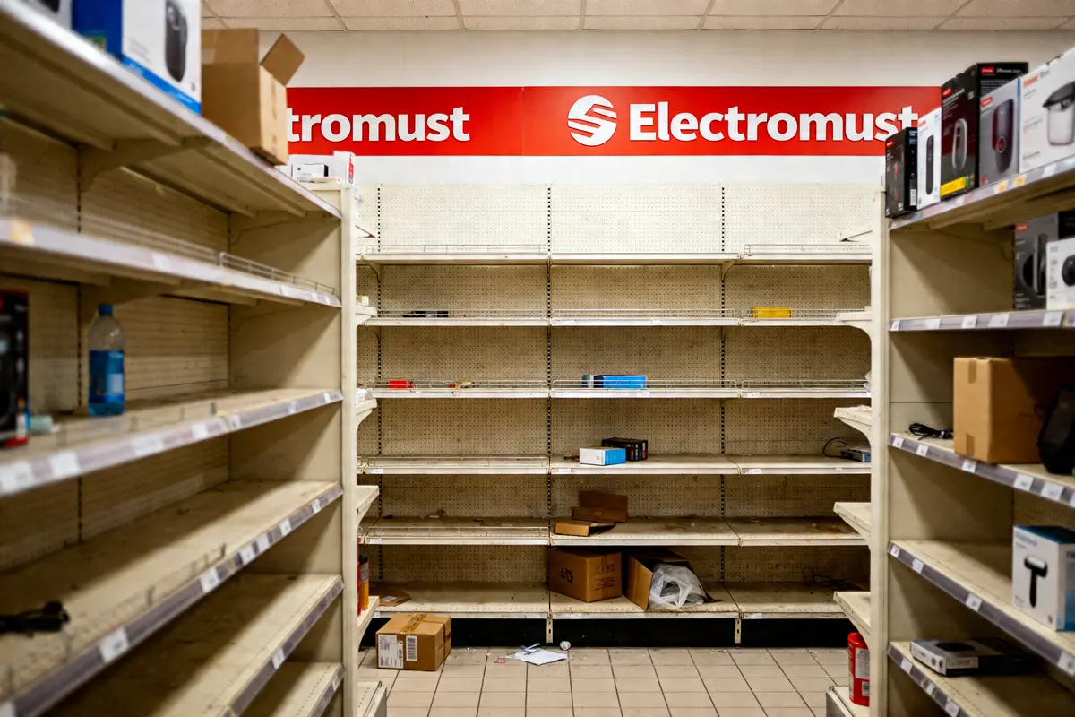 Rayons vides chez Electromust avec quelques produits dispersés sur les étagères