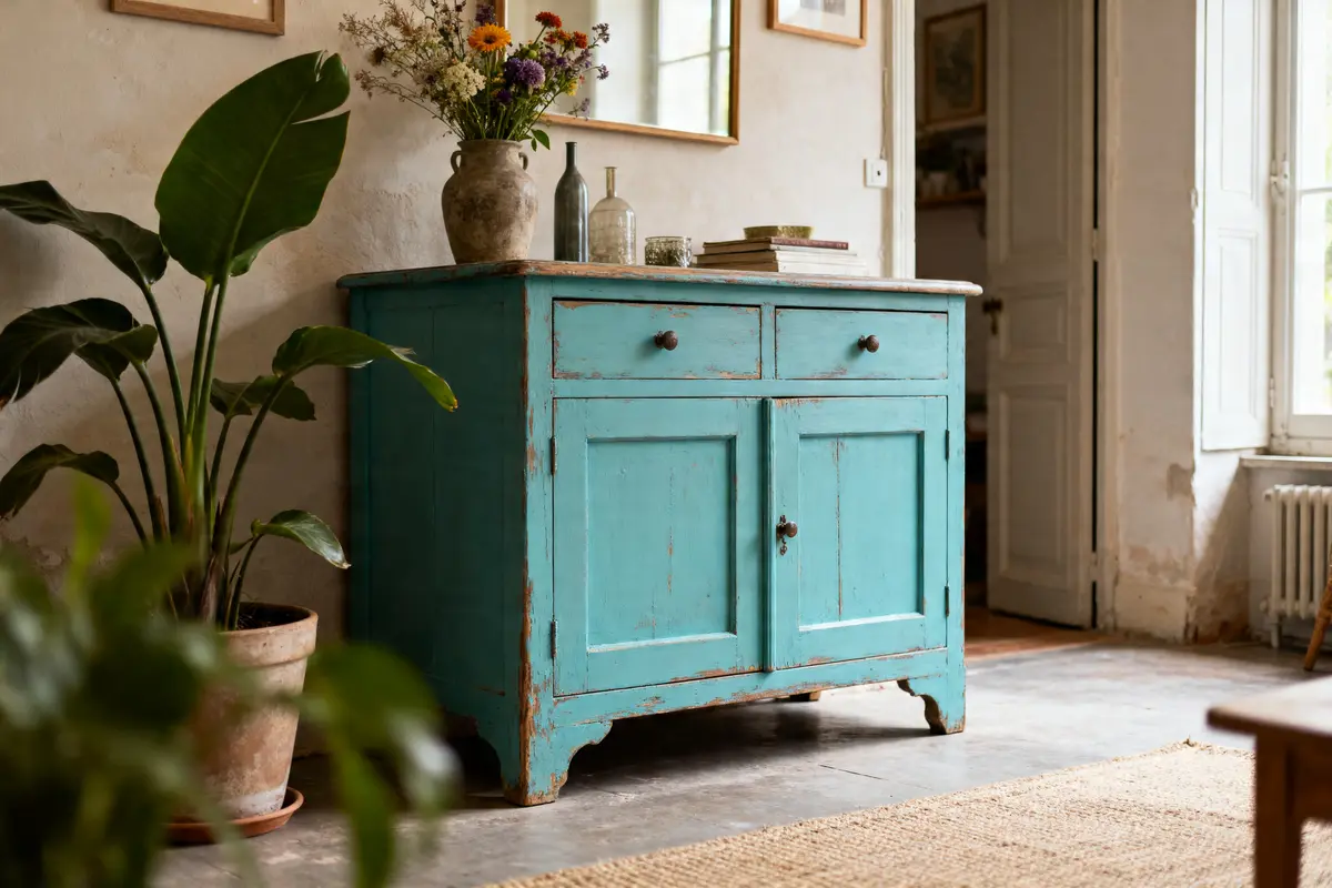 Buffet bleu vintage avec décoration florale et plantes, meuble relooké avant après dans salon lumineux