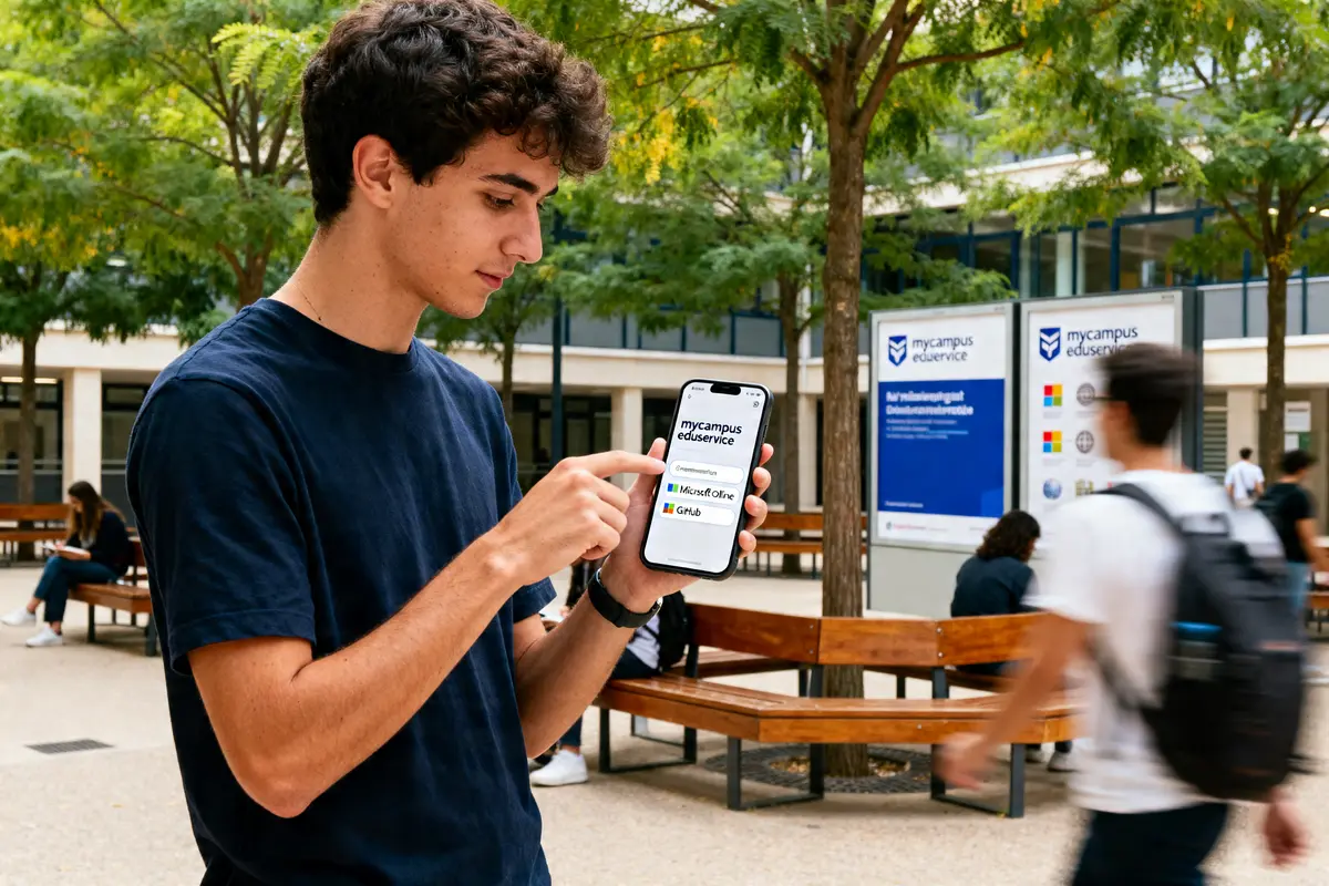 Un étudiant utilise mycampus eduservice sur son téléphone dans la cour d'un campus