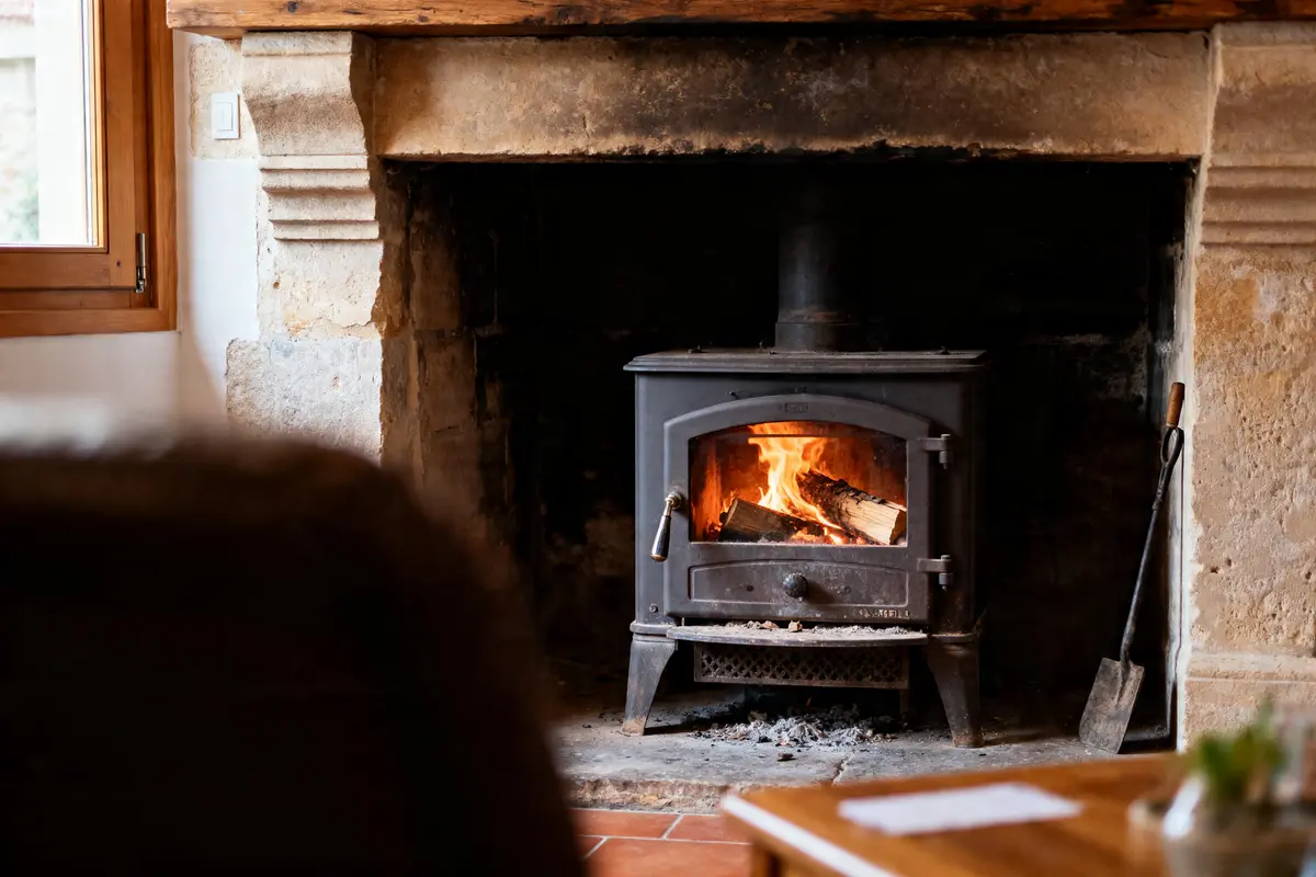 Poêle à bois dans cheminée rustique avec feu allumé et outils à proximité