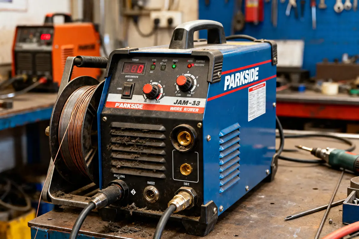 Poste à souder Parkside à fil fourré avec indicateurs de problème dans un atelier
