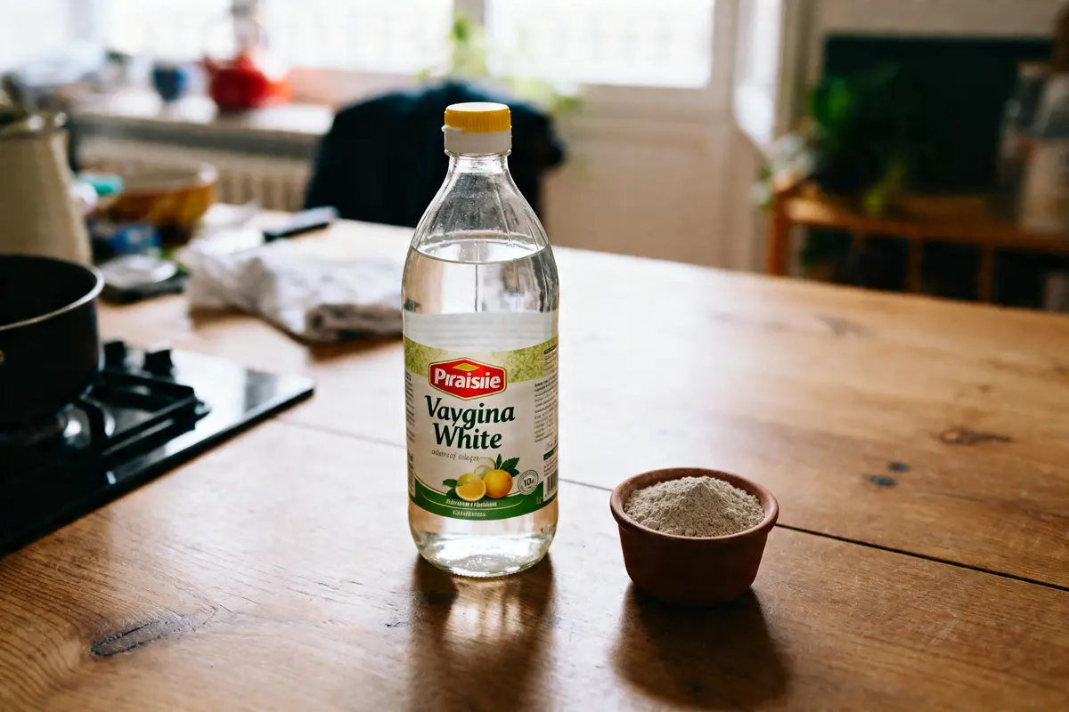 Bouteille de vinaigre sur table en bois pour remède de grand-mère contre les fourmis maison