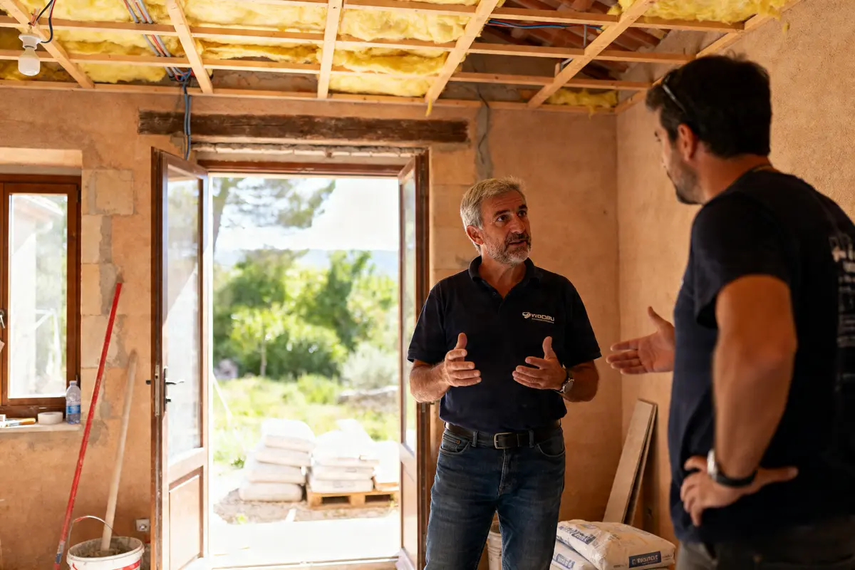 pexels-michal-pech-213601-757318 (1) Deux hommes discutent rénovation intérieure chantier renov' global' occit, matériaux visibles au sol