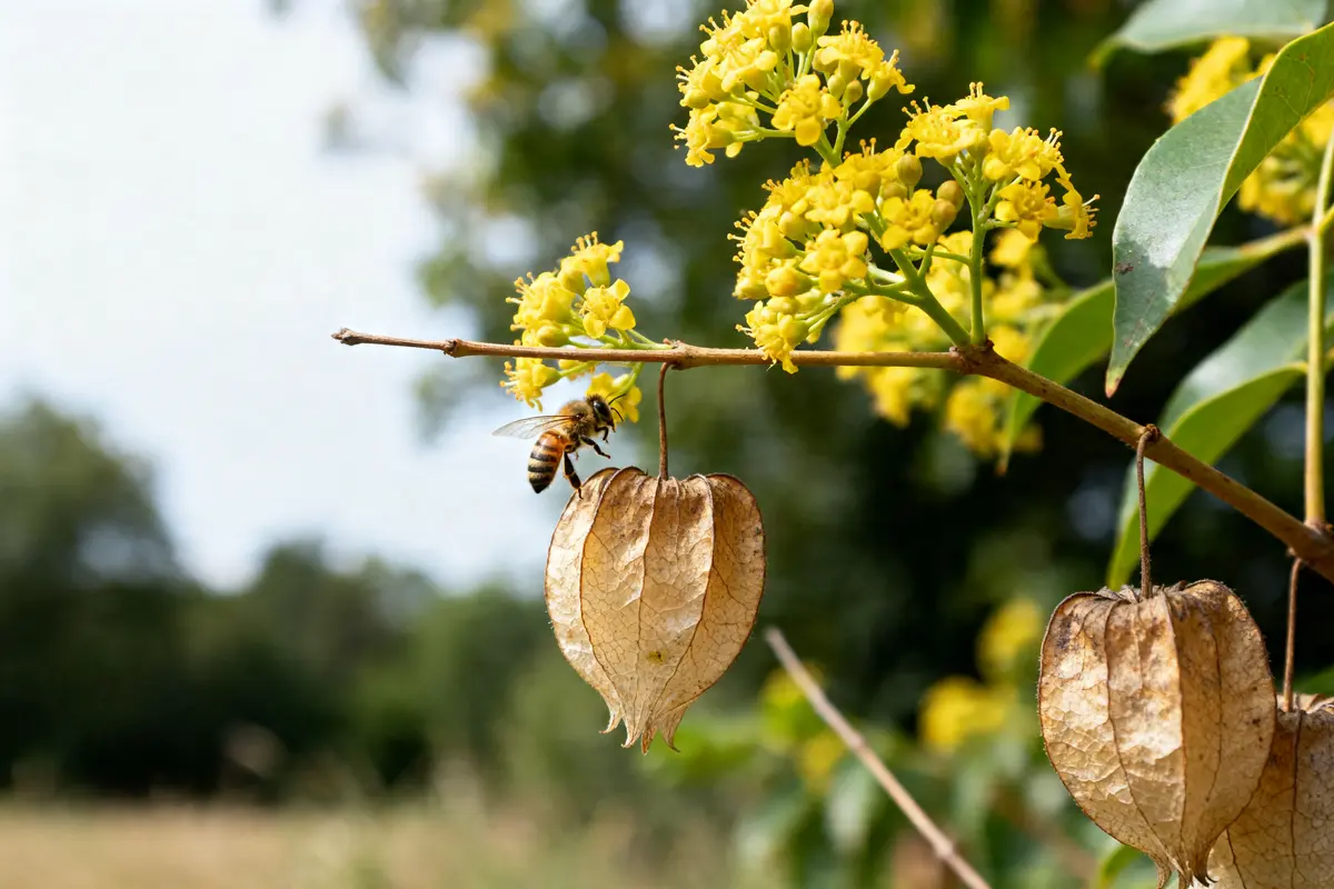 Abeille sur une fleur jaune de savonnier avec fruit en arrière-plan